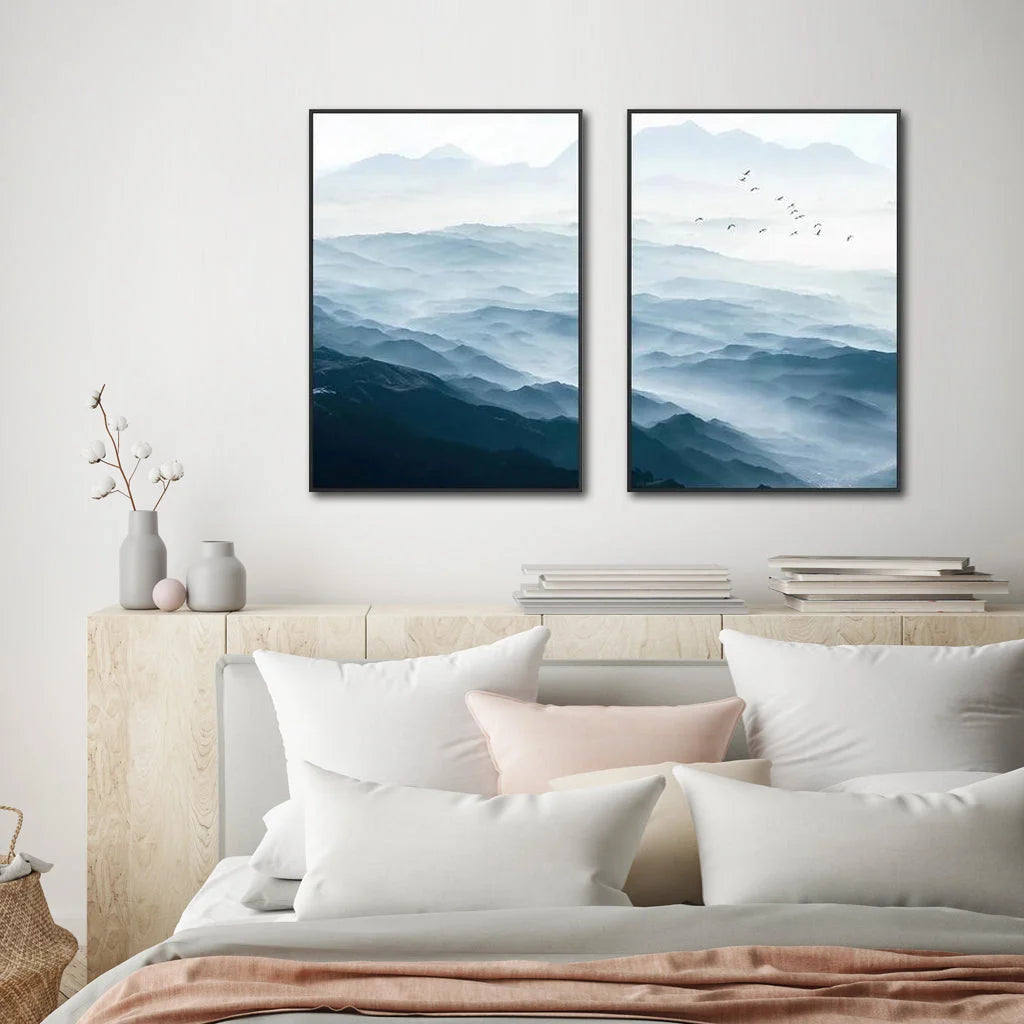 Wall Art Blue Mountains 2 Sets Black Frame Canvas 70x100cm