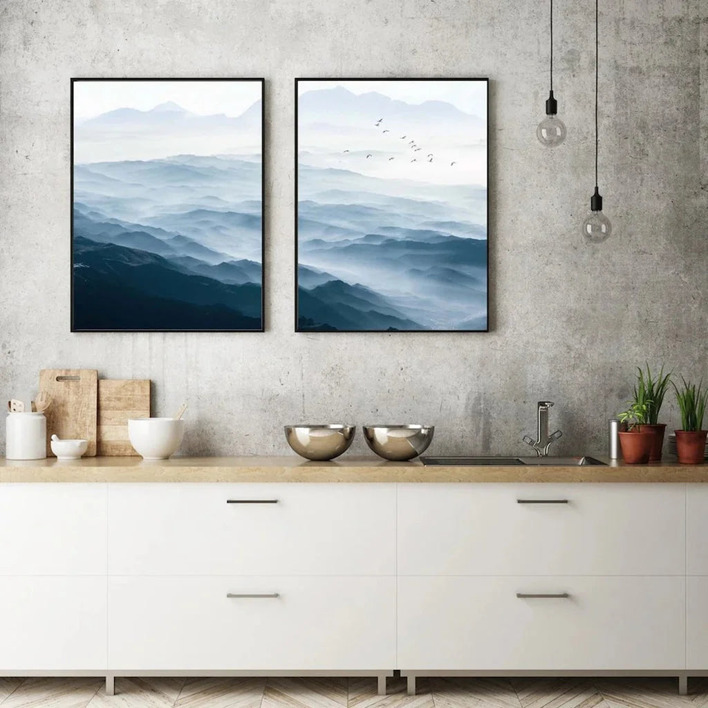 Wall Art Blue Mountains 2 Sets Black Frame Canvas 90x135cm