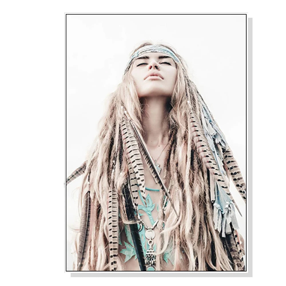 Wall Art BOHO Girl White Frame Canvas 40x60cm - Home &