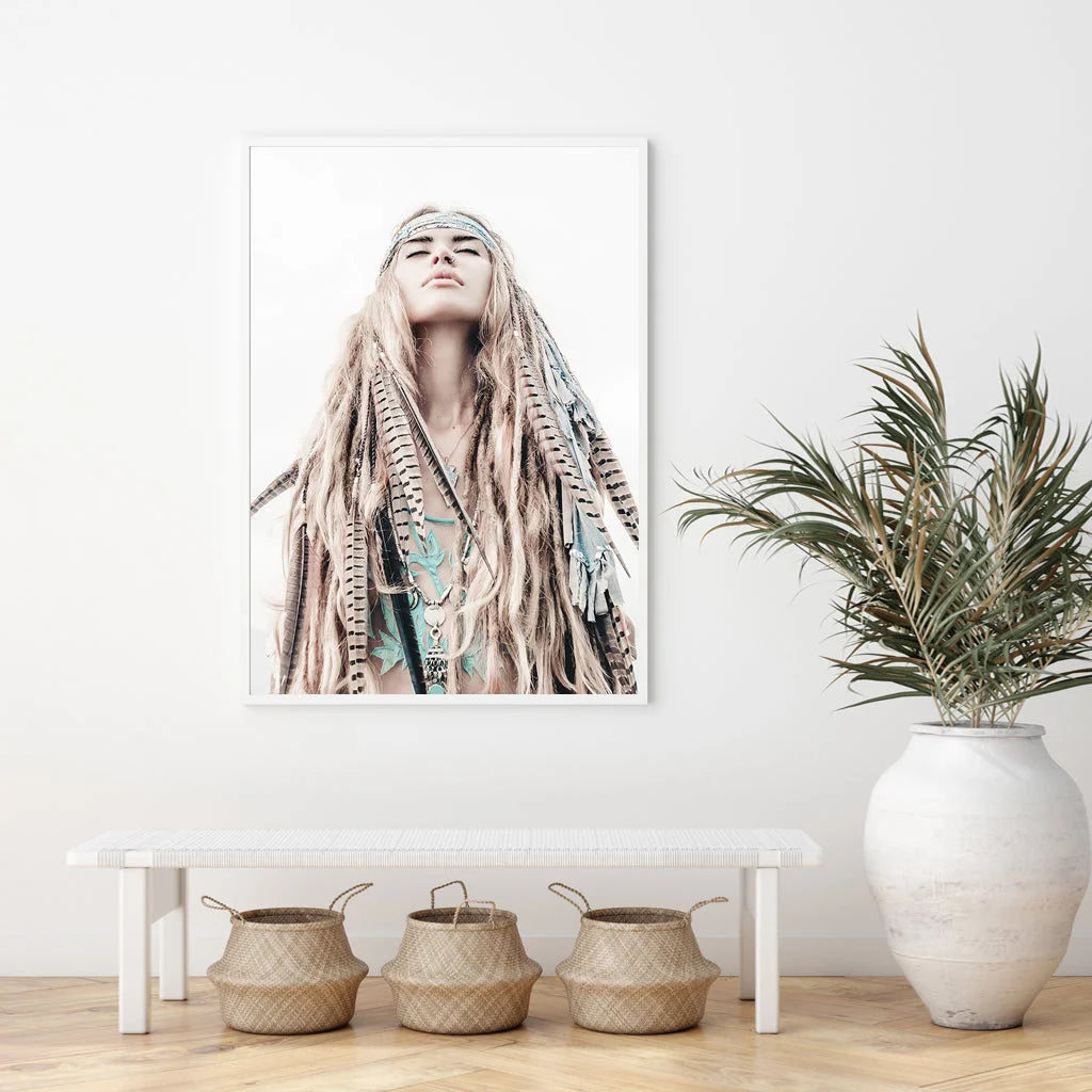 Wall Art BOHO Girl White Frame Canvas 90x135cm - Home &