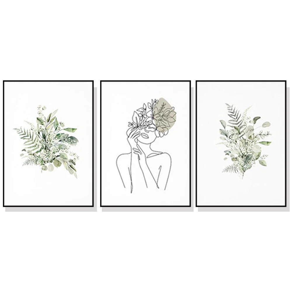 Wall Art Botanical Line Girl 3 Sets Black Frame Canvas 80cm