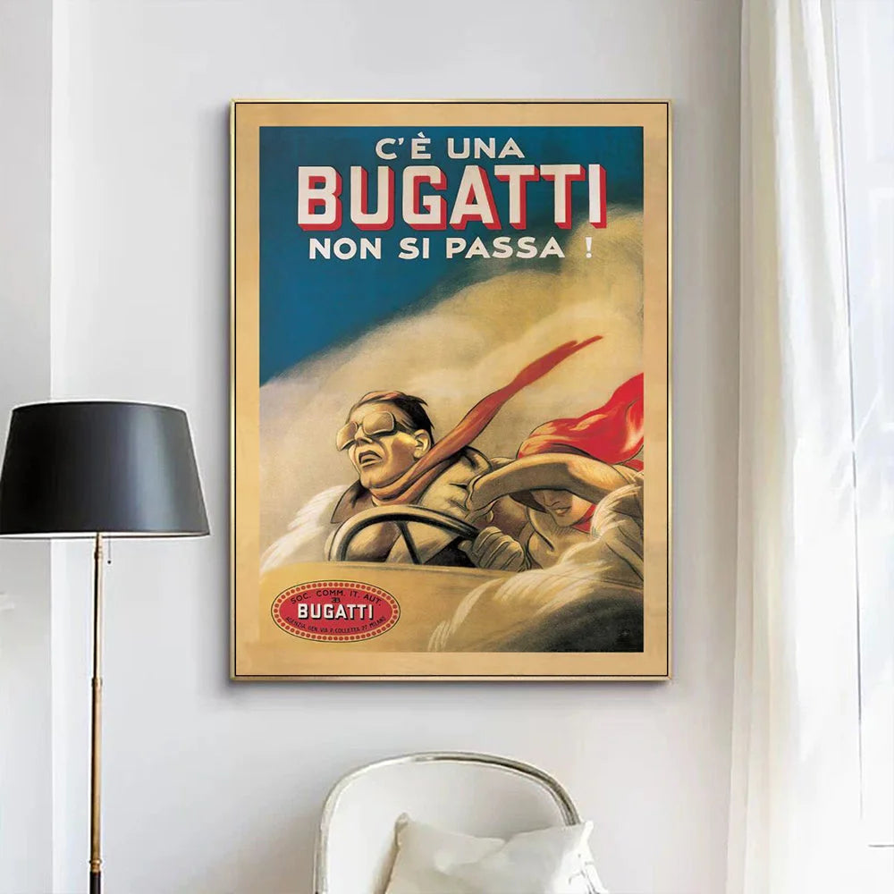 Wall Art Bugatti 70cmx100cm Gold Frame Canvas - Home &