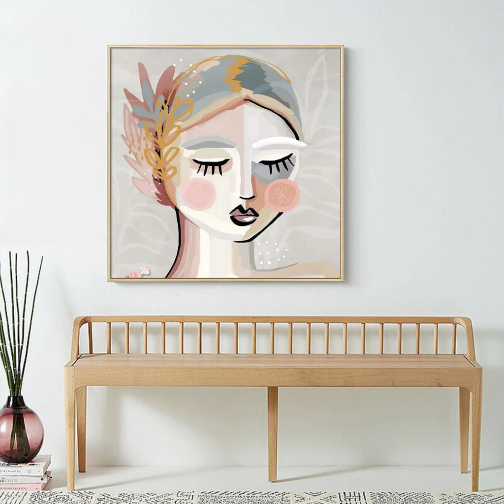 Wall Art Calm Girl Gold Frame Canvas 100x100cm - Home &
