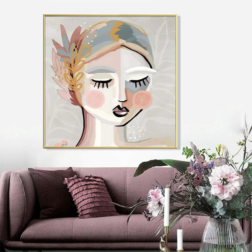 Wall Art Calm Girl Gold Frame Canvas 100x100cm - Home &