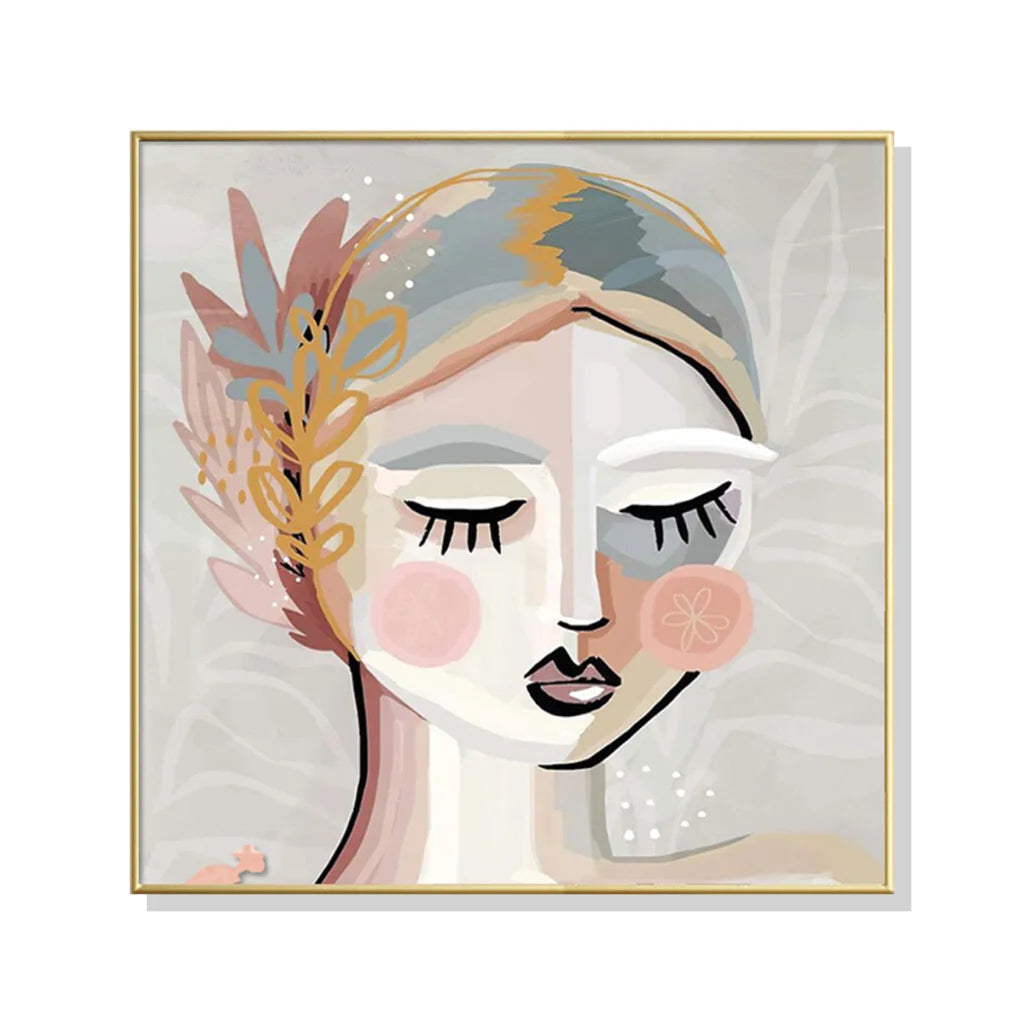 Wall Art Calm Girl Gold Frame Canvas 90x90cm - Home & Garden