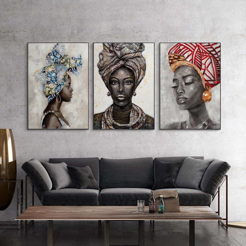 Wall Art Canvas - African Women II 3-Sets Black Frame (80cm