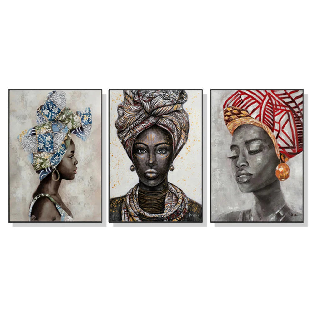 Wall Art Canvas - African Women II 3-Sets Black Frame (80cm
