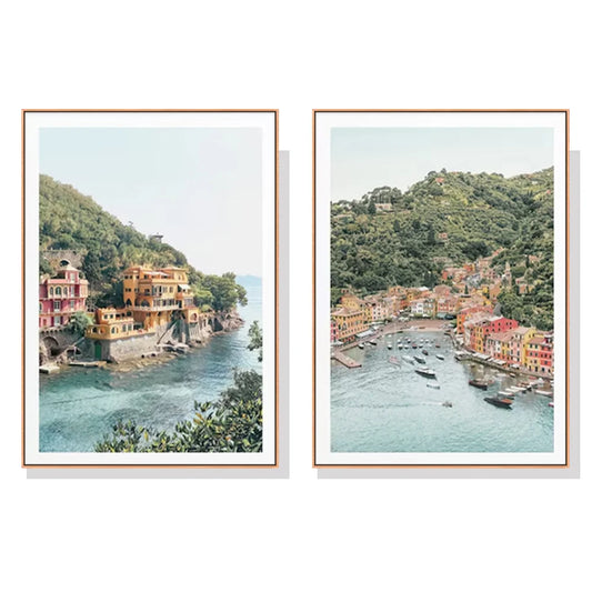 Wall Art Canvas Italy Coast 2 Sets Wood Frame 100cmx150cm