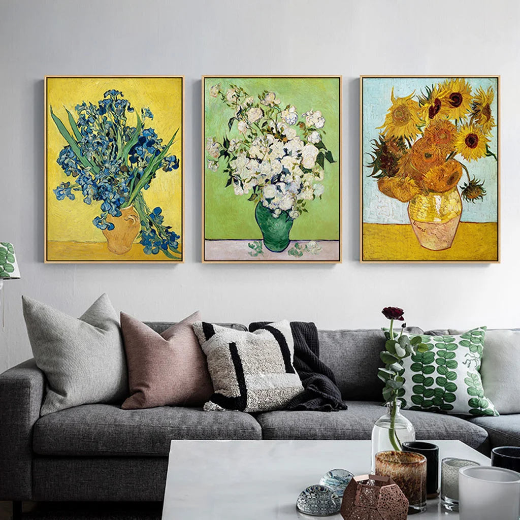 Wall Art Canvas - Van Gogh Sunflowers Roses 3-Sets Gold