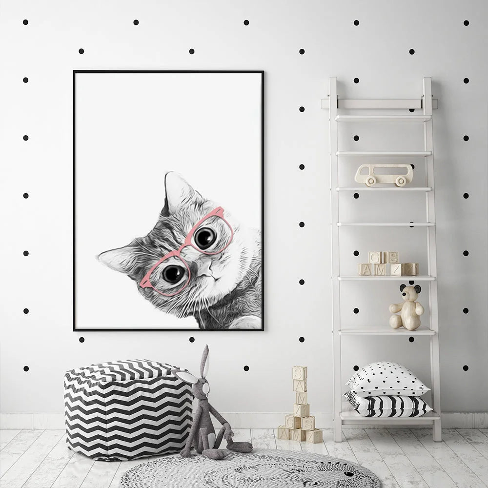 Wall Art Cat with Glasses Black Frame Canvas 90x135cm