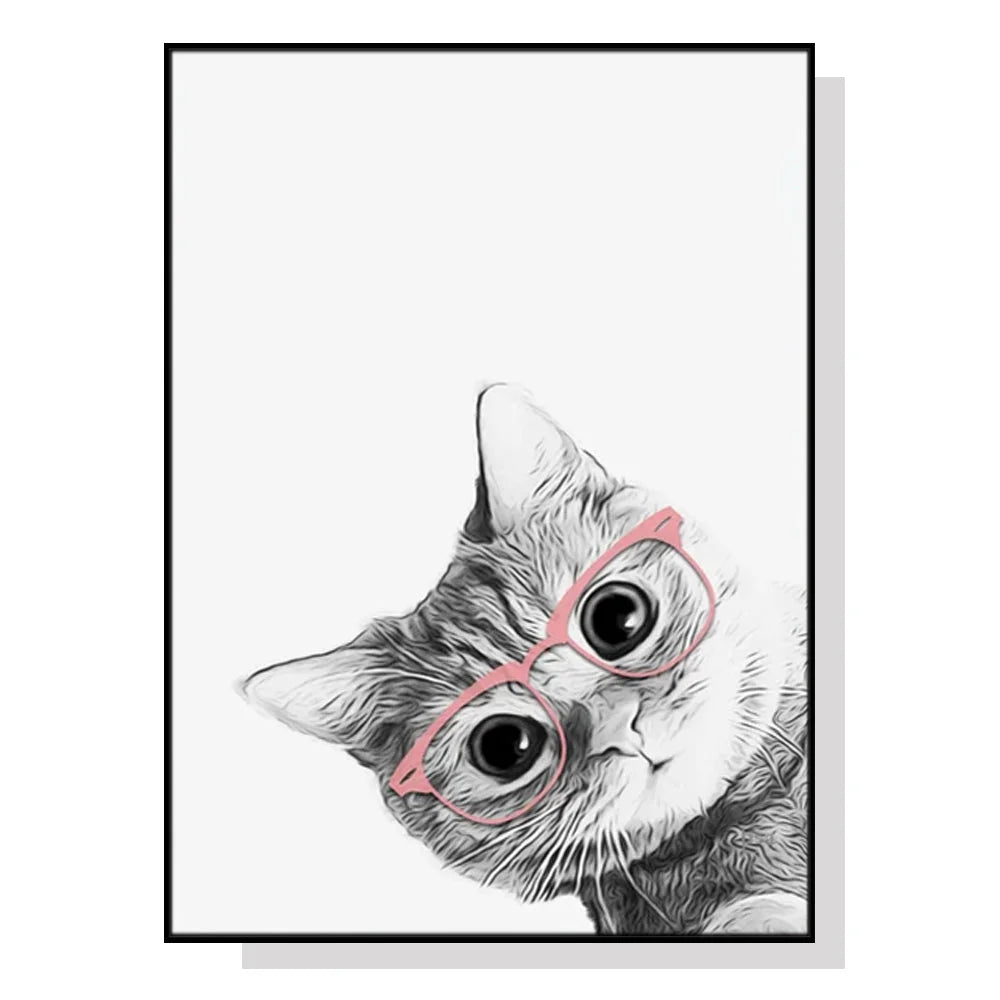 Wall Art Cat with Glasses Black Frame Canvas 90x135cm