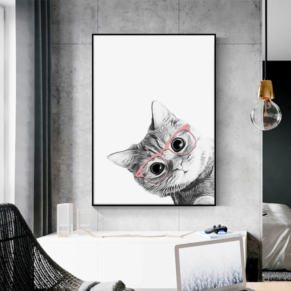Wall Art Cat with Glasses Black Frame Canvas 90x135cm