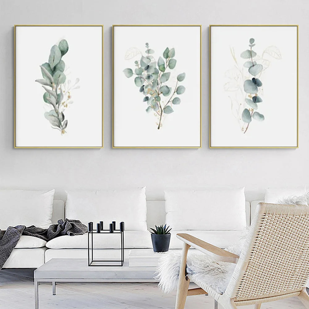 Wall Art Eucalyptus Plant 3 Sets Gold Frame Canvas 70x100cm