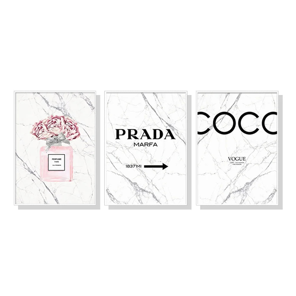 Wall Art Fashion Perfume 3 Sets White Frame Canvas
