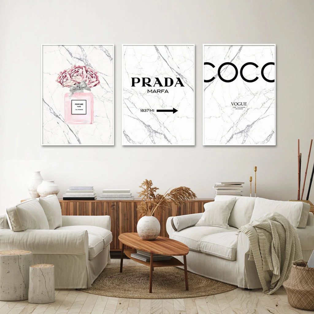 Wall Art Fashion Perfume 3 Sets White Frame Canvas