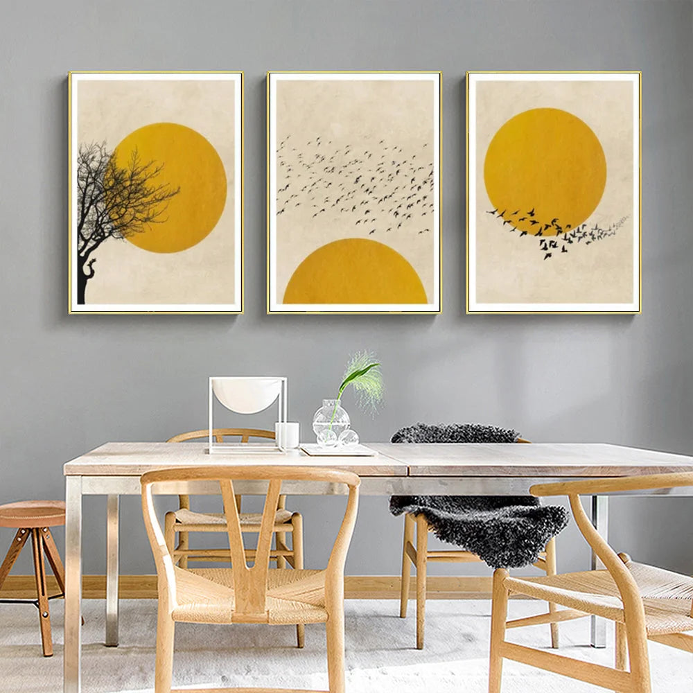 Wall Art Flock of Birds Sun Silhouette 3 Sets Gold Frame