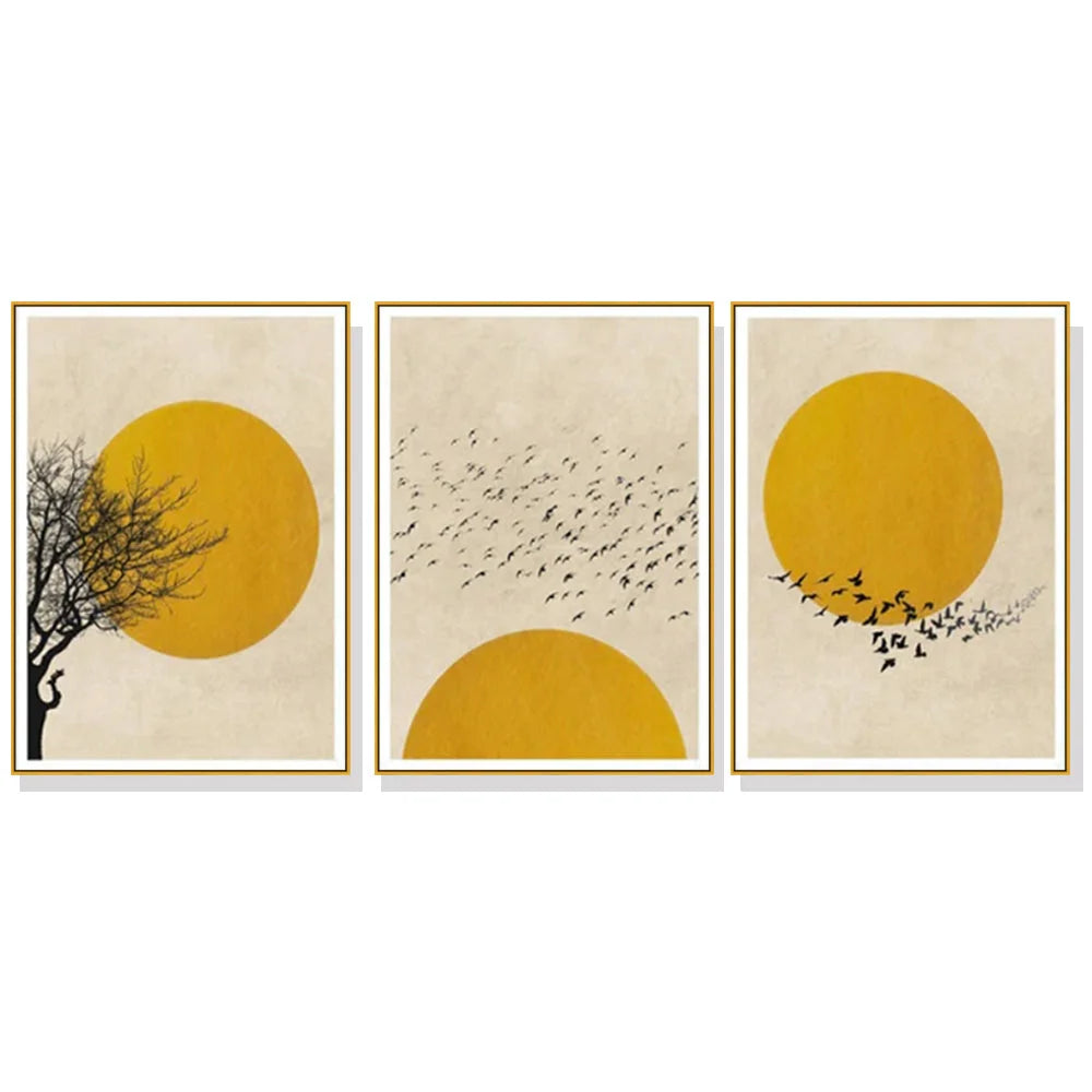 Wall Art Flock of Birds Sun Silhouette 3 Sets Gold Frame