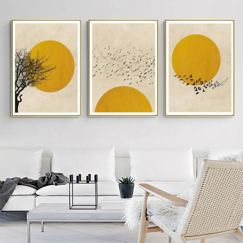 Wall Art Flock of Birds Sun Silhouette 3 Sets Gold Frame