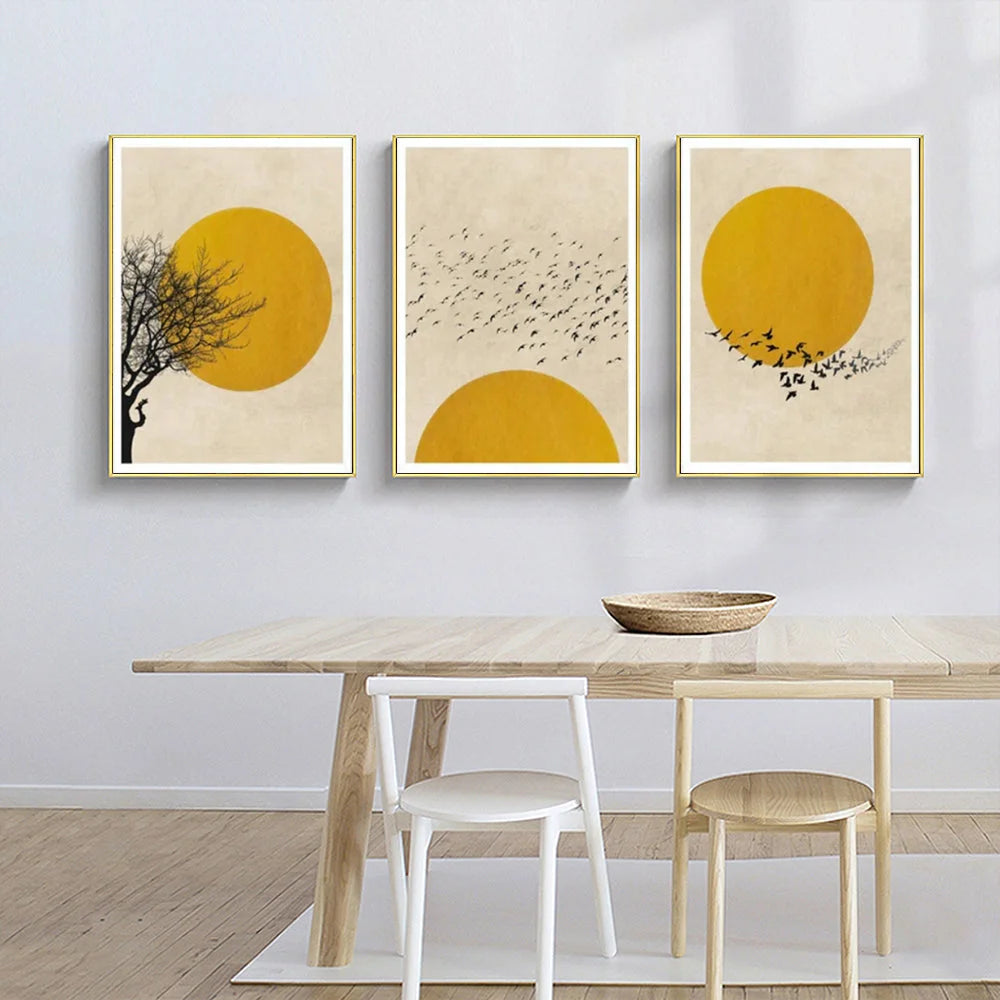 Wall Art Flock of Birds Sun Silhouette 3 Sets Gold Frame