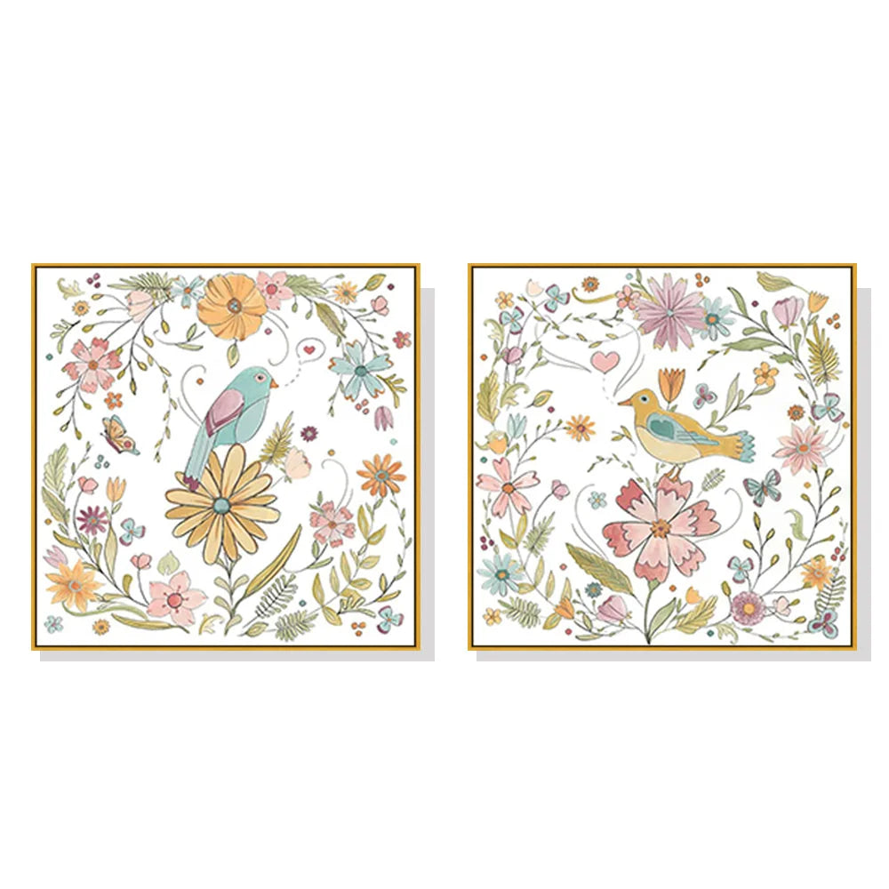 Wall Art Floral Birds 2 Sets Gold Frame Canvas 90x90cm