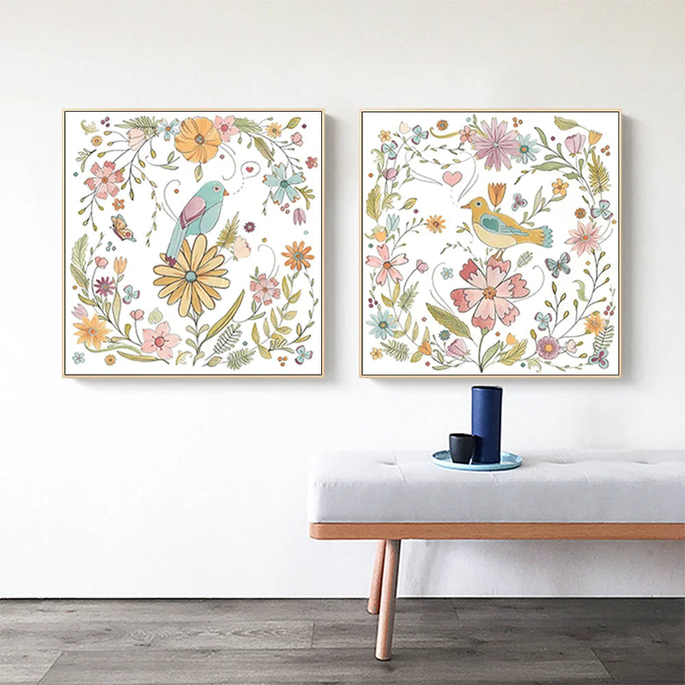 Wall Art Floral Birds 2 Sets Gold Frame Canvas 90x90cm