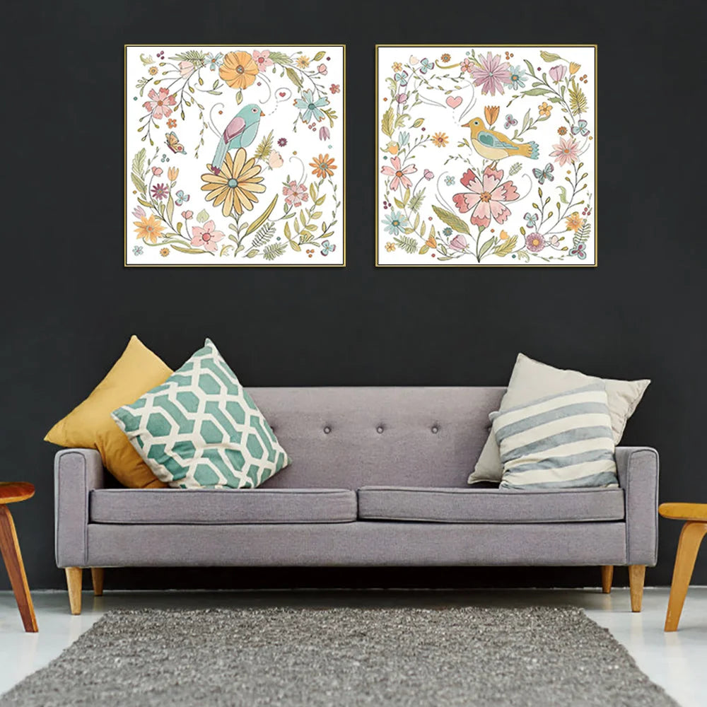 Wall Art Floral Birds 2 Sets Gold Frame Canvas 90x90cm