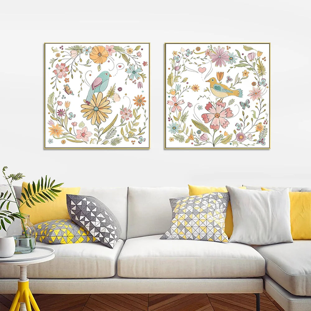Wall Art Floral Birds 2 Sets Gold Frame Canvas 90x90cm