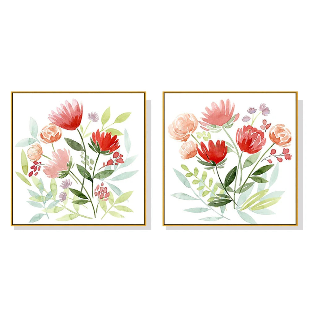 Wall Art Florals 2 Sets Gold Frame Canvas 100x100cm - Home