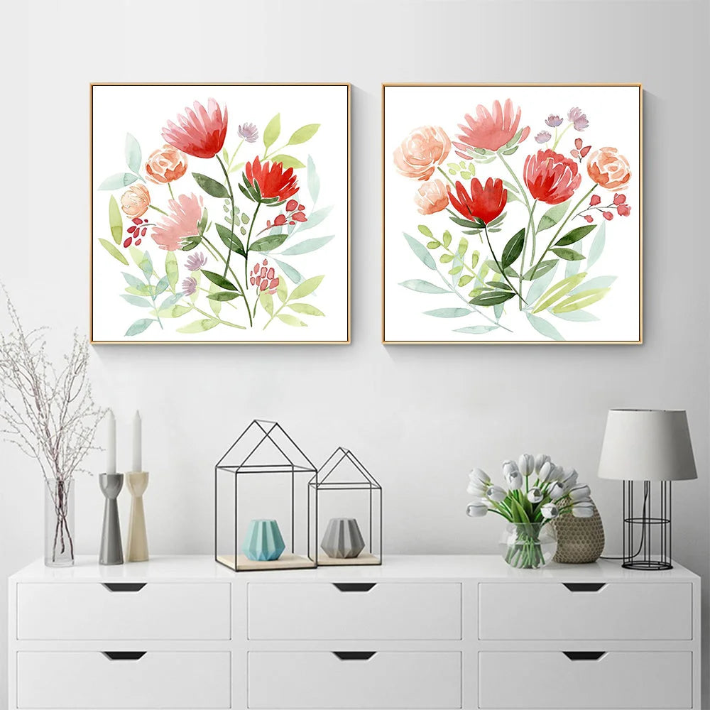 Wall Art Florals 2 Sets Gold Frame Canvas 80x80cm - Home &
