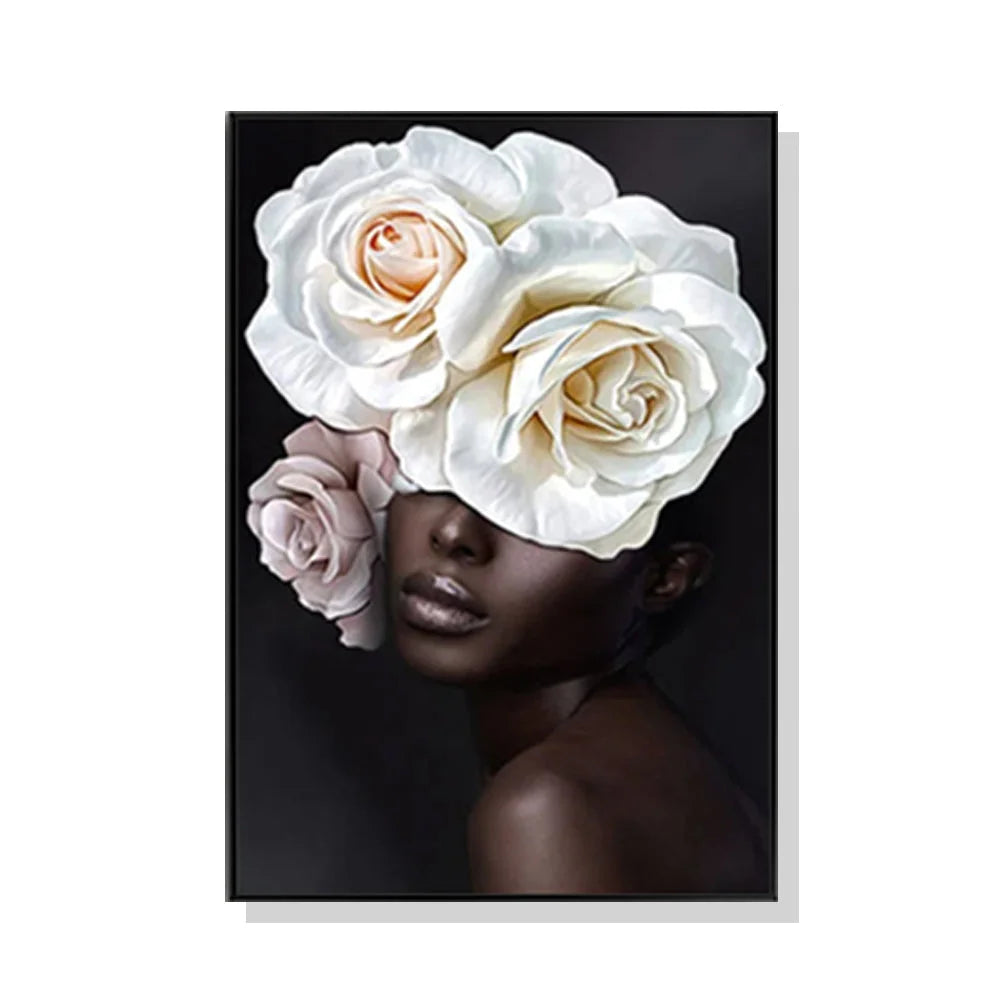 Wall Art Flower African Woman Black Frame Canvas 100x150cm