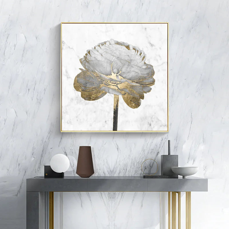 Wall Art Gold and White Blossom on White 2 Sets Gold Frame