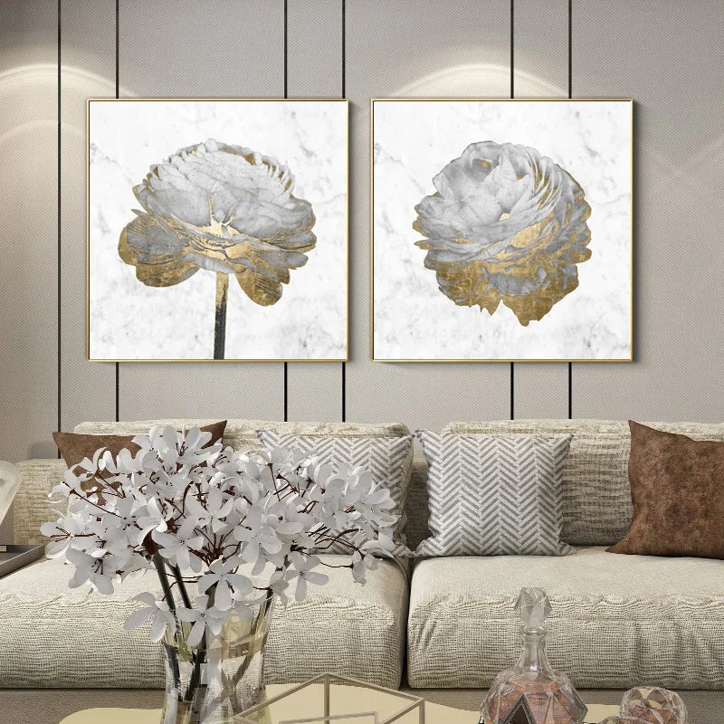 Wall Art Gold and White Blossom on White 2 Sets Gold Frame