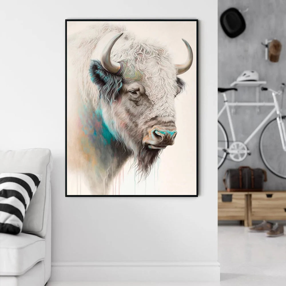 Wall Art Great White Buffalo 70x100cm Black Frame Canvas