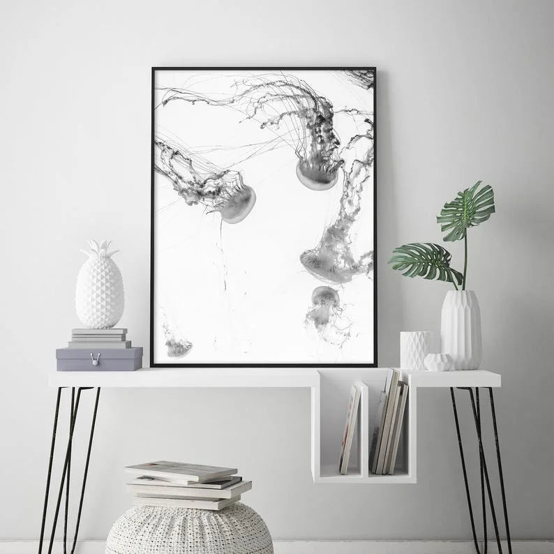 Wall Art Jellyfish Black Frame Canvas 40cm x 60cm - Home &
