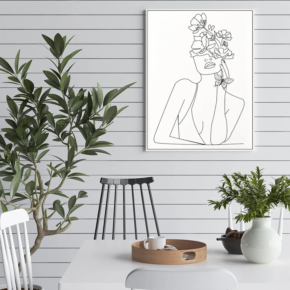 Wall Art Line Art Girl White Frame Canvas 90x135cm - Home &