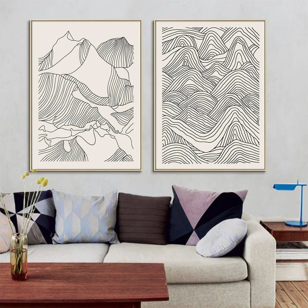 Wall Art Line Art Mountain 2 Sets Gold Frame Canvas