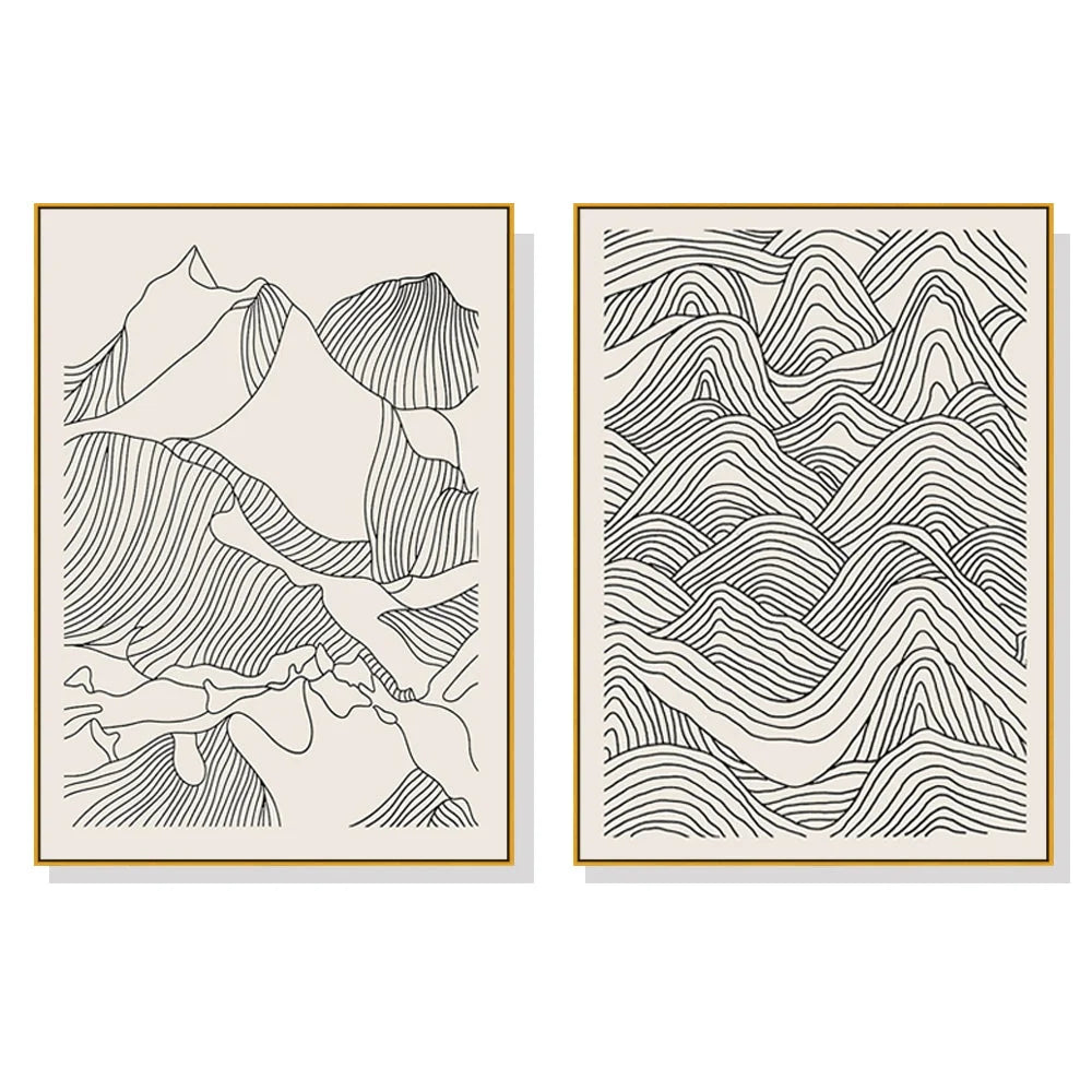 Wall Art Line Art Mountain 2 Sets Gold Frame Canvas