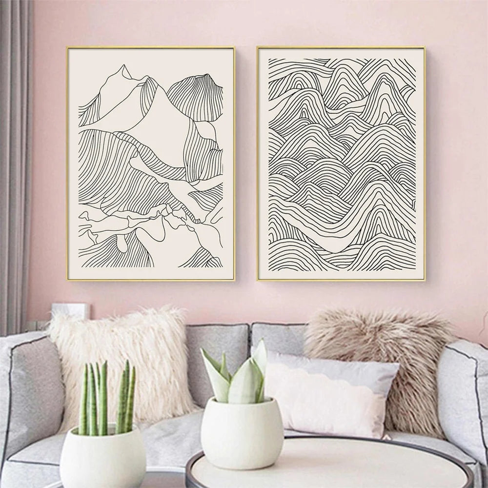Wall Art Line Art Mountain 2 Sets Gold Frame Canvas