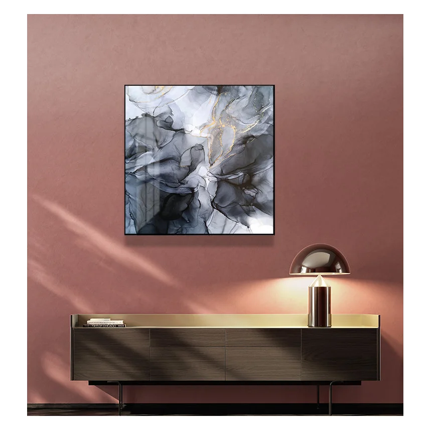 Wall Art Marbled Black Grey Black Frame Canvas 40cm x 40cm