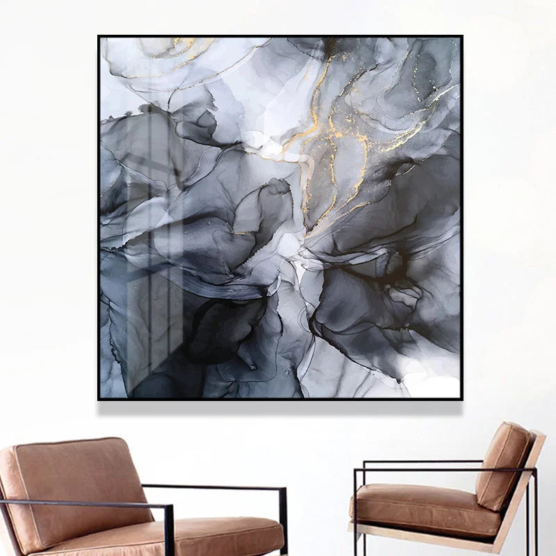 Wall Art Marbled Black Grey Black Frame Canvas 40cm x 40cm