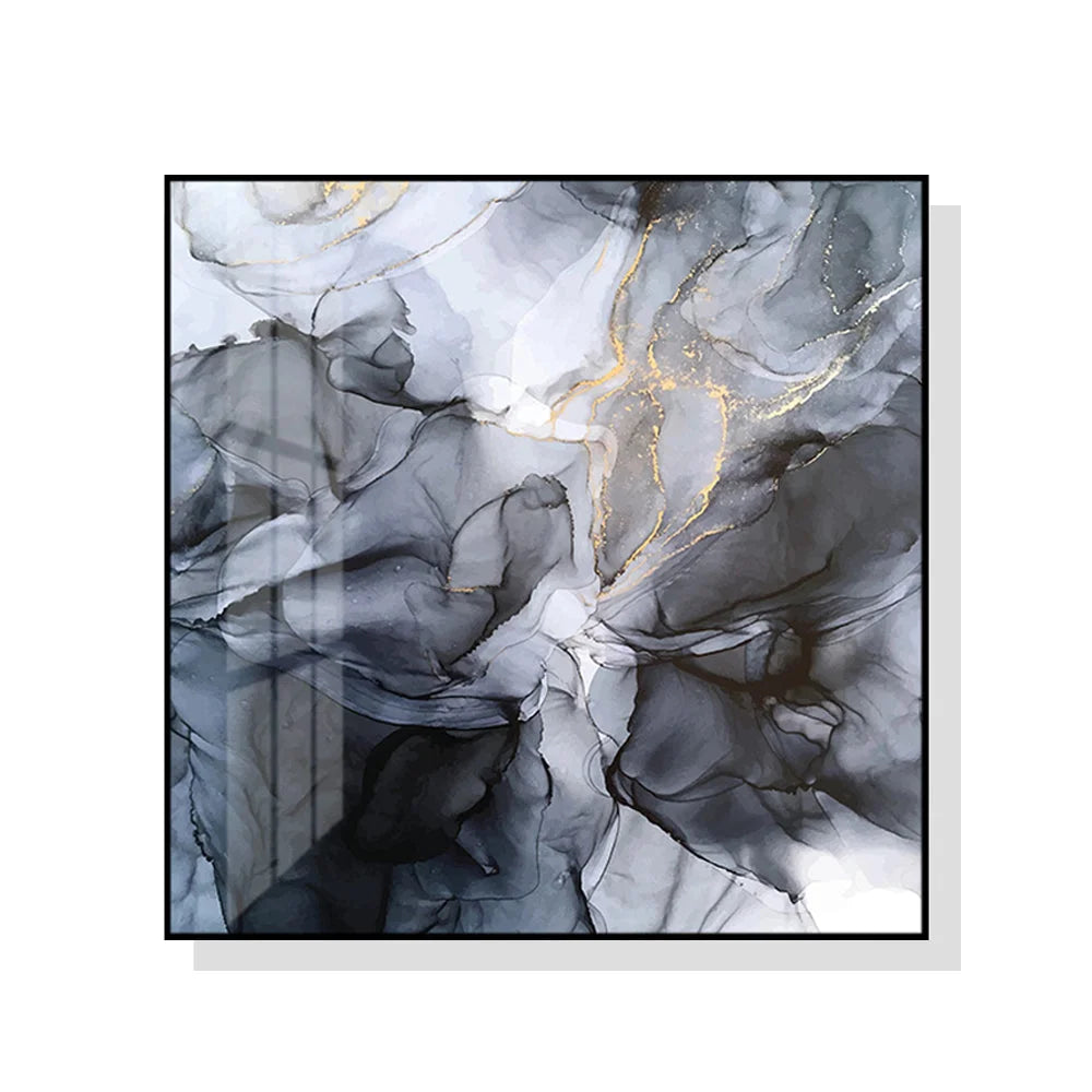 Wall Art Marbled Black Grey Black Frame Canvas 90cm x 90cm