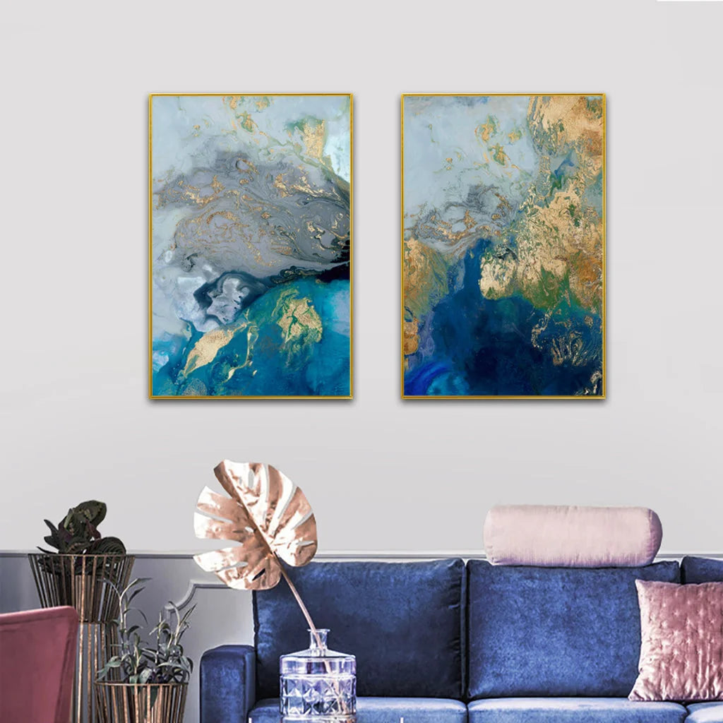 Wall Art Marbled Blue and Gold 60cmx90cm 2 Sets Gold Frame