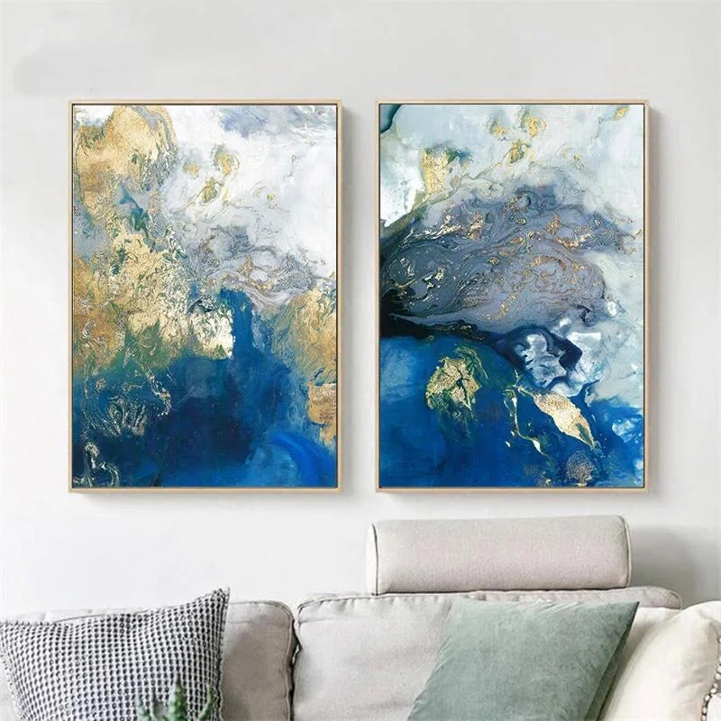 Wall Art Marbled Blue and Gold 60cmx90cm 2 Sets Gold Frame