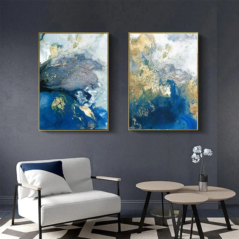 Wall Art Marbled Blue and Gold 60cmx90cm 2 Sets Gold Frame