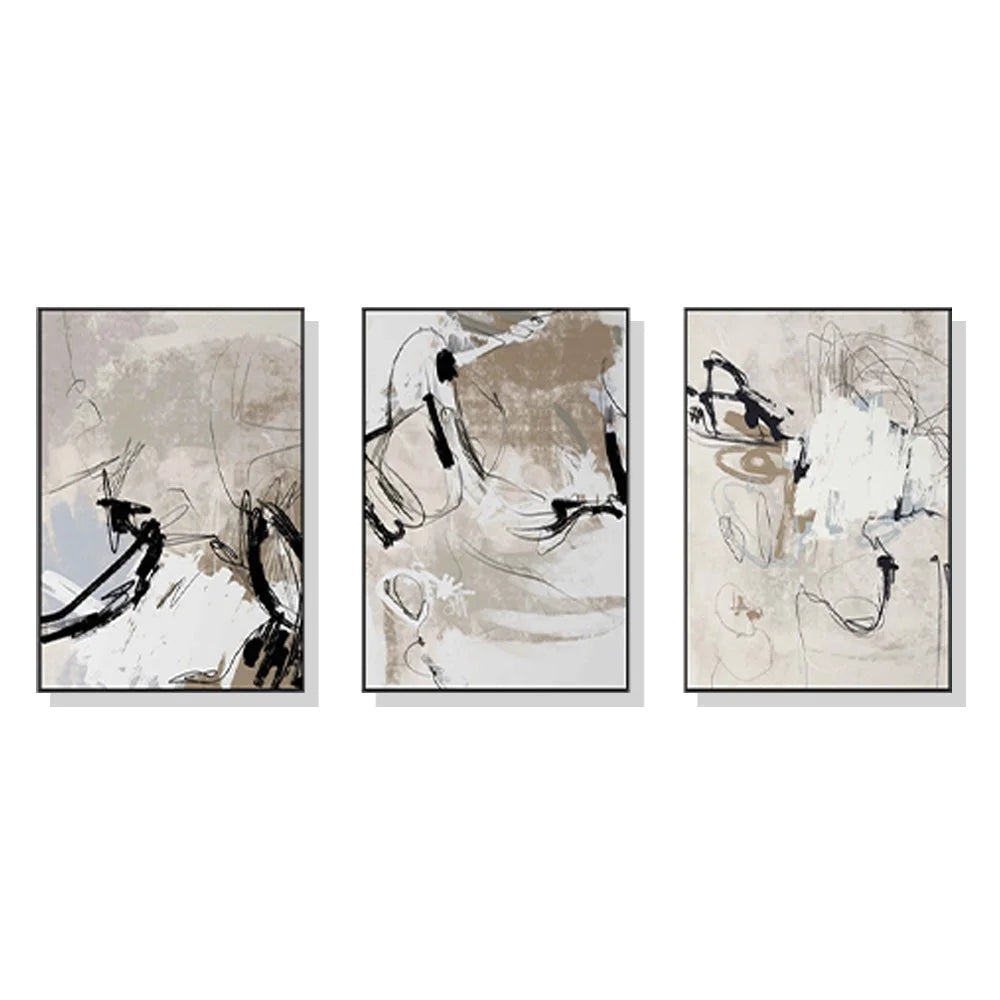 Wall Art Modern Abstract Beige 3 Sets Black Frame Canvas