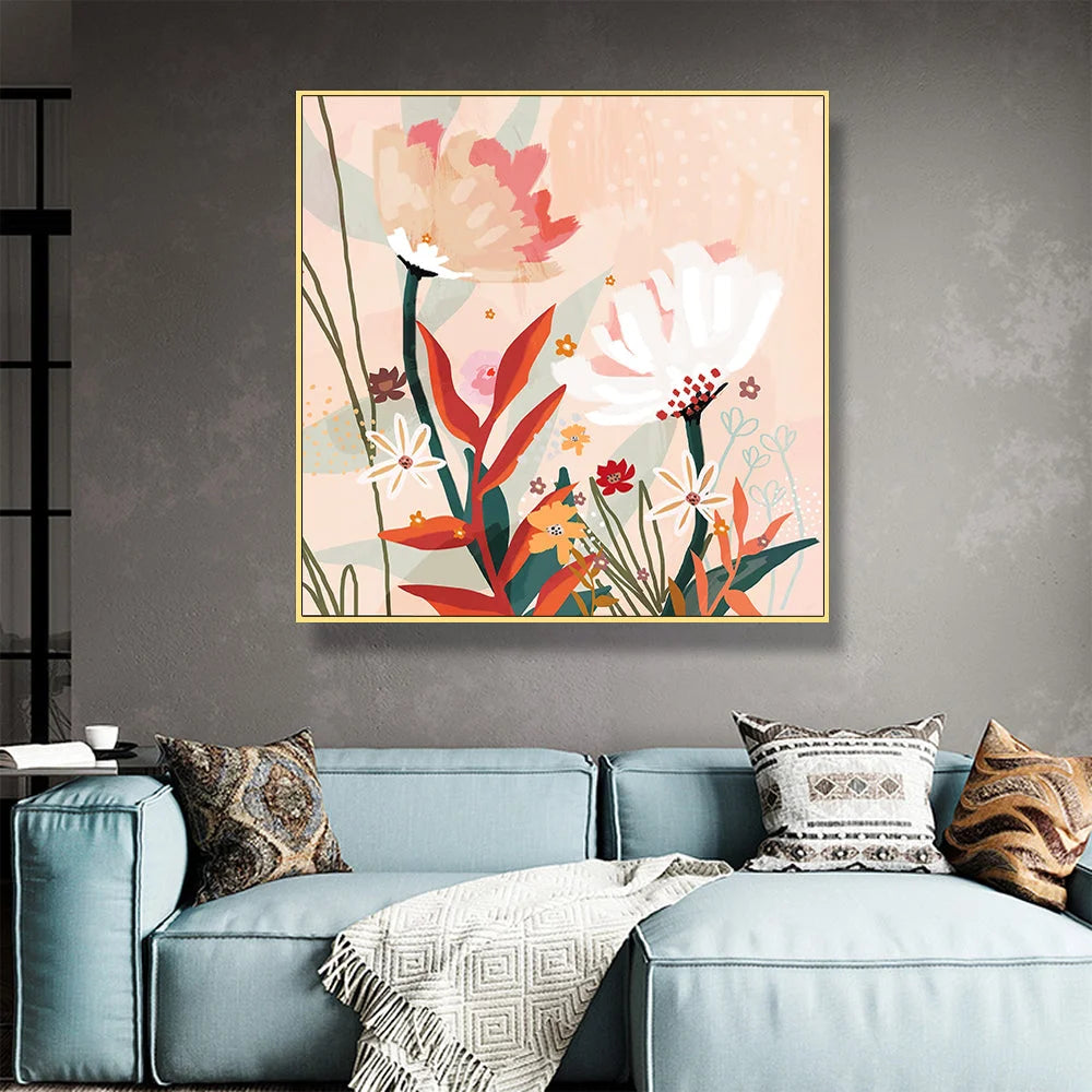 Wall Art Native Floral Gold Frame Canvas 90x90cm - Home &