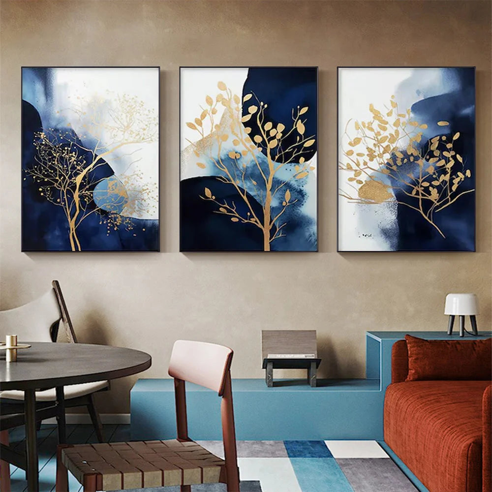 Wall Art Navy and Gold Watercolor Shapes 40x60cm 3 Sets