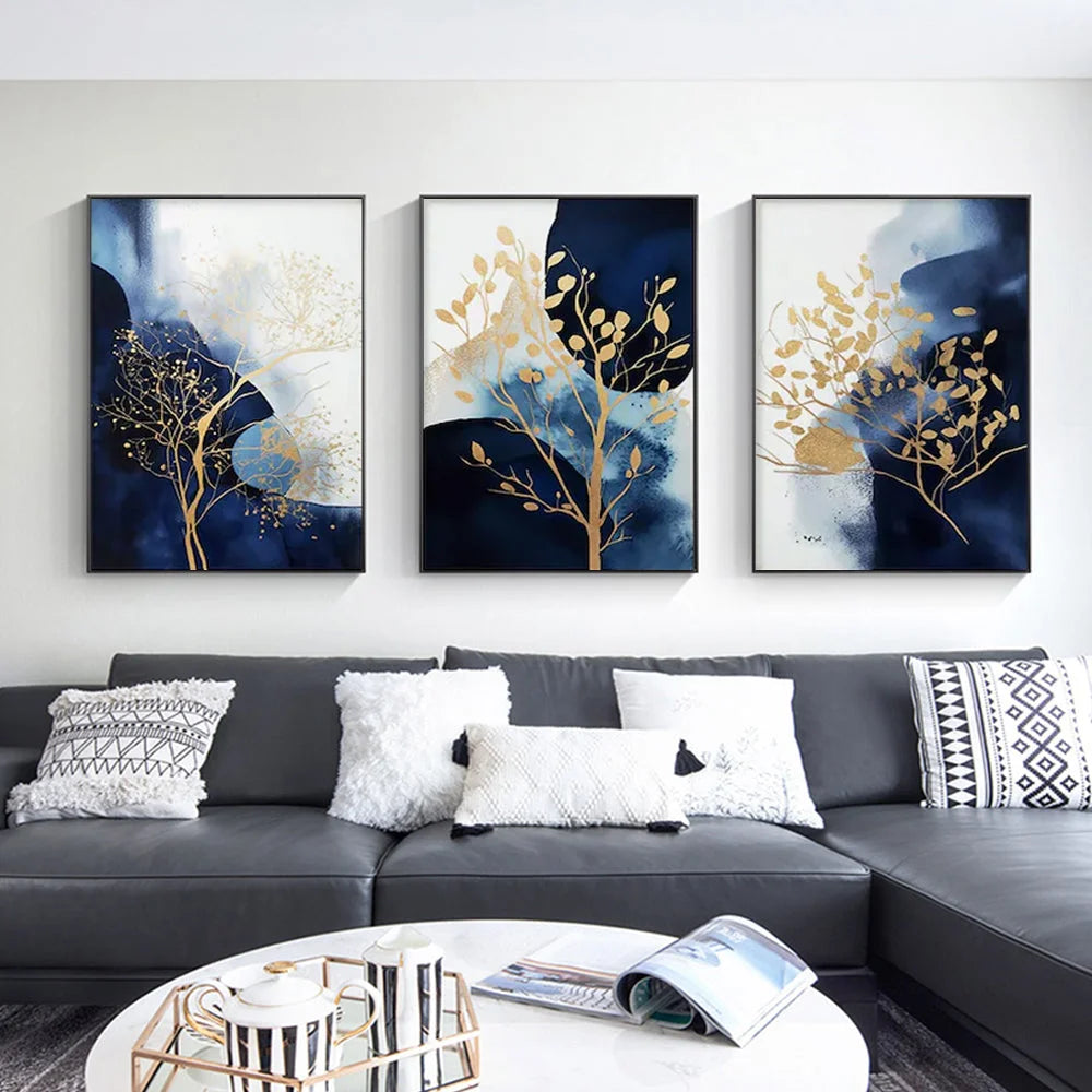 Wall Art Navy and Gold Watercolor Shapes 50x70cm 3 Sets