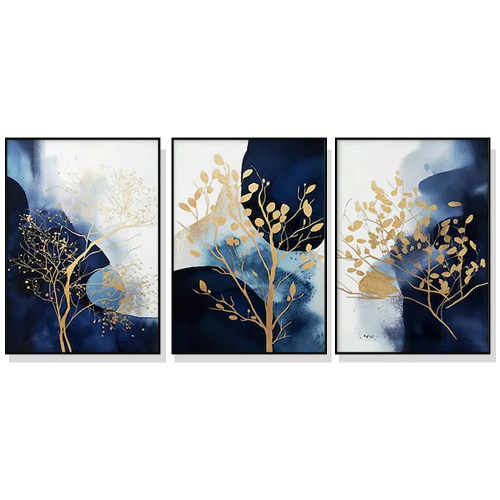 Wall Art Navy and Gold Watercolor Shapes 60x90cm 3 Sets