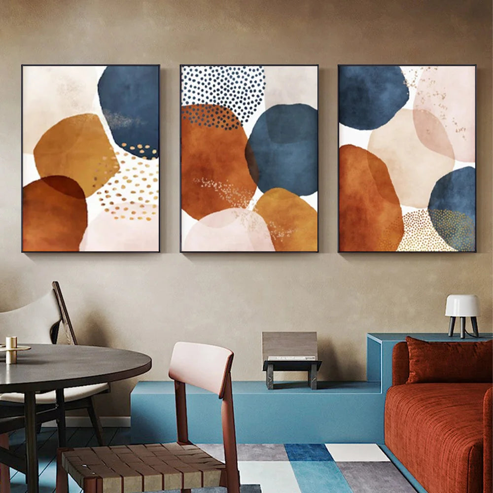 Wall Art Navy Pink Beige 3-Piece Set 60x90cm Black Frame